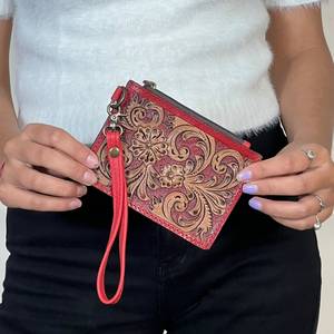 Genuine Full Tooled Leather Mini Floral Design Wristlet <b>Wallet</b> Stylish Coin & Credit <b>Card</b> <b>Holder</b> Everyday Purse for Women - Product Image 2