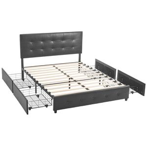 Adjustable Queen Platform Storage Bed Frame with 4 Drawers Upholstered Faux Leather Button Tufted Design Wood Leather Hybrid - Product Image 1