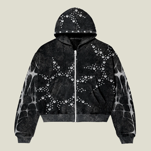 Gothic Hooded Zipper <b>Jacket</b> With <b>Rhinestone</b> Skeleton Print Men's Oversized Black Sweatshirt Winter Style - Product Image 2