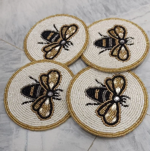 Posavasos con Cuentas, Posavasos con Diseño de Abeja, Decoración de Mesa Redonda, Posavasos de Lujo con Bordado de Cuentas - Product Image 1