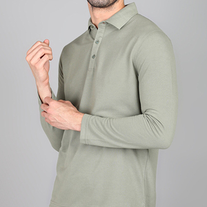 Polo à manches longues pour homme en coton piqué vert sauge avec col boutonné – Vêtement décontracté – Fabricant - Product Image 5