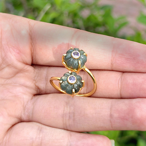 Designer gemstone gold plated <b>ring</b> natural labradorite hand carved double gemstone <b>adjustable</b> <b>rings</b> with tiny purple cz accent - Product Image 4