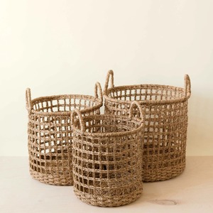 Set Of 3 Seagrass Rope Open Weave Cylinder <b>Basket</b> with handles Handmade <b>Storage</b> <b>Basket</b> Wholesale eco-friendly Made in Vietnam - Product Image 1