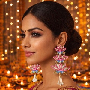 Boucles d'oreilles pendantes faites à la main en perles de rocaille roses motif lotus, bijoux ethniques tendance pour femmes, vente en gros - Product Image 5