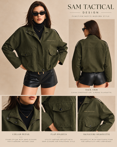 Chaqueta Utilitaria Verde Oliva para Mujer, Hombros Caídos, Cierre de Cremallera, Cuello Camisero, Bolsillos Tipo Cargo, Abrigo de Otoño, Precio Económico, OEM Personalizado - Product Image 2