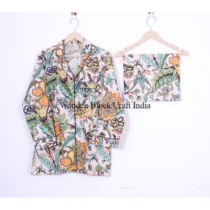 Ensemble de pyjama en coton à manches 3/4 à imprimé floral, imprimé à la main, vêtements de nuit pour femmes, couleur unie disponible, prix de gros - Product Image 2