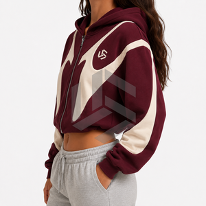 Women's <b>Cropped</b> <b>Zip</b>-<b>Up</b> Hoodie Color Blocked Maroon for Full Sleeve Hooded Sweatshirt Breathable Knitted Fabric Winter Front - Product Image 3