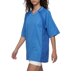 Maillot de football pour femmes, bleu, à rayures tonales, avec panneau perforé, col en V, vêtements de sport, vente en gros - Product Image 5
