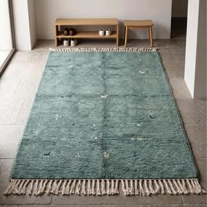 Luxury <b>Teal</b> Hand Tufted Wool Area <b>Rug</b> with Fringe Classic Floral Pattern Flat Pile Carpet for Living Room Bedroom Decor - Product Image 1