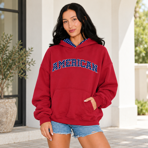 Sudadera con Capucha Estampada Estilo Universitario Americano para Mujer, Roja, de Algodón y Felpa, Informal, para Otoño, con Forro de Puntos y Bolsillo Canguro - Product Image 2