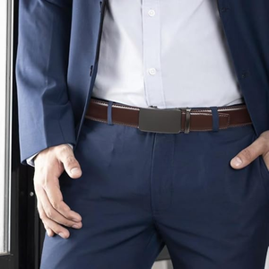 Ceinture automatique en cuir véritable, cuir de vachette, motif écossais, largeur 3,5 cm, boucle carrée en alliage, imprimé par transfert thermique, formelle pour homme, 110-130 cm - Product Image 6