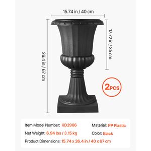 Vasi Classici Neri per Fiori 15,8 x 26,4 Pollici in PP, Vasi da Interno ed Esterno, Urne per Matrimoni, Fioriere (Confezione da 2) per Portico Anteriore, Ideali per Hotel - Product Image 3