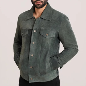 <b>Men's</b> Green <b>Suede</b> Leather <b>Jacket</b> Casual Autumn Wear Turn-down Collar Regular Fit Single Button Closure - Product Image 4