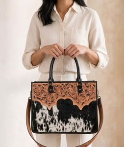 Hand <b>Tooled</b> Cowhide <b>Leather</b> Tote Bag Western Floral Pattern Shoulder Handbag for Daily Travel Shopping - Product Image 5