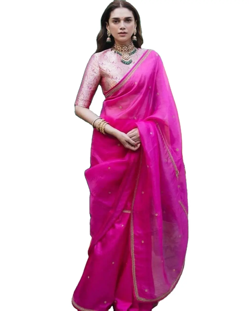 Aditi Rao - Saree de organza para mulheres, blusa de seda bordada feita à mão, peça pura para festas de casamento, moda de moda