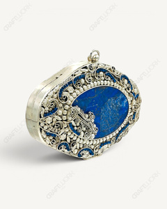 Natural Lapis Lazuli Gemstone <b>Clutch</b> | Handcrafted Silver Filigree Oval Minaudiere | Luxury Bridal <b>Wedding</b> Evening Bag for Women - Product Image 3