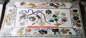 ท็อปโต๊ะทรงสี่เหลี่ยมทำมือสวยงาม ประดับด้วยหินอ่อนสีขาวขัดเงาแบบ Pietra Dura ใช้สำหรับโต๊ะรับประทานอาหารและโต๊ะห้องนั่งเล่น - Product Image 4