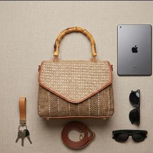 Woven Rattan Handbag with Bamboo Handle Flap Closure Two <b>Straps</b>-Shoulder/Crossbody Purse for Daily Carry - Product Image 2