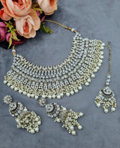 Heavy Ethnic CZ Studded Bridal Choker <b>Set</b> With Pearl Drop Accents Matching Earrings & Mangtika Antique Gold Plated <b>Jewellery</b> <b>Set</b> - Product Image 4