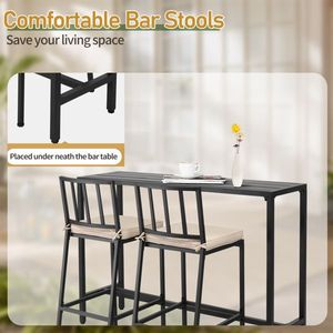 Table de bar rectangulaire haute de 55 pouces et 2 tabourets de bar rembourrés, ensemble de bar d'extérieur 3 pièces en métal C - Product Image 3