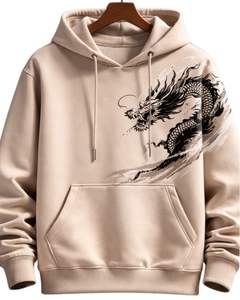 Sudadera con Capucha Personalizada para Hombre con Estampado de Dragón Beige, Felpa de Algodón, Estilo Casual, Fabricante Personalizado, Proveedor de Ropa al por Mayor - Product Image 1