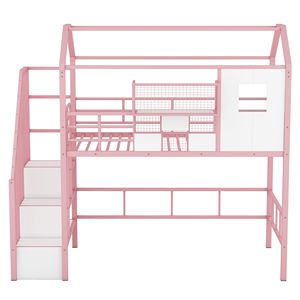 Letto a soppalco in metallo rosa con design del tetto unico e contenitore portaoggetti per bambini - Product Image 6