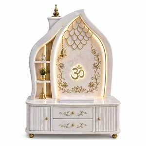 Mandir de Pooja de Mármol Blanco Ecológico Hecho a Mano de Primera Calidad para el Hogar |   Templo de Lujo Iluminado con LED, Diseño de Loto OM con Incrustaciones de Oro - Product Image 1