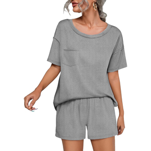 Women's Black 2-Piece <b>Knitted</b> <b>Set</b> Short Sleeve O-Neck Top With Pocket Loose Fit Shorts Casual Breathable Spring Summer Wear - Product Image 5