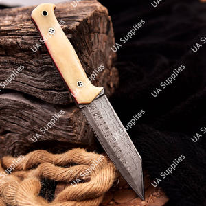 Couteau de chasse et de camping professionnel de qualité industrielle en acier Damas, lame fixe ultra-affûtée 58 HRC, pointe tombante, manche en os de chameau - Product Image 3