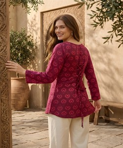 Rich Look Rayon Printed Work <b>Top</b> V Neck Long Sleeve Women Ethnic Wear Party Traditional Style 85444 VAAZI-1066 - Product Image 3