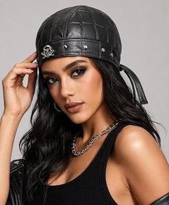 Casquette de motard en cuir pour femme, motif à carreaux foncés, ajustable, style Doo Rag - Product Image 4