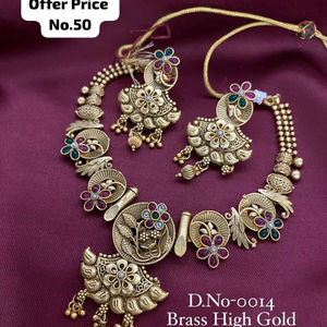 Conjunto de collar nupcial de latón dorado antiguo con pendientes para mujer - Product Image 1