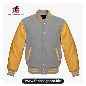 เสื้อแจ็คเก็ตวาร์ซิตี้สีเทาและเหลืองสำหรับผู้ชาย แขนหนัง PU ปกคอพับ สวมใส่สบายๆ ในฤดูใบไม้ร่วง - Product Image 1
