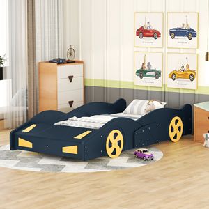 Letto a piattaforma a forma di auto da corsa blu scuro e giallo, singolo, con ruote e contenitore, per bambini - Product Image 3
