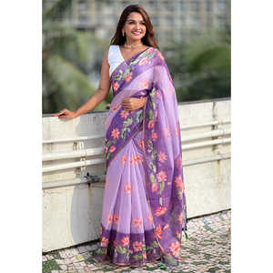 Sari de Noche de Algodón Chanderi Lavanda con Estampado Pichwai y Borde Tejido con Zari, 500g, de Elite Weaves - Product Image 2