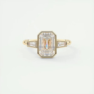 <b>Emerald</b> Cut Moissanite Diamond Three Stone Vintage Engagement <b>Ring</b> 925 Sterling <b>Silver</b> Prong Setting Tapered Side Stones IGI - Product Image 1