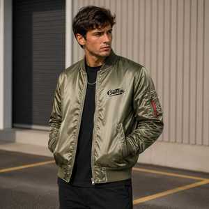 Custom <b>Men's</b> Olive Bomber <b>Jacket</b> Embroidered Front Logo <b>Pullover</b> Closure Satin Finish Polyester/Cotton Casual Streetwear Winter - Product Image 1