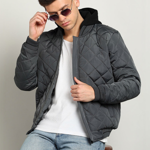 <b>Men's</b> Quilted Hooded Bomber <b>Jacket</b> Windproof Casual Solid Color Polyester Wadding Zipper Closure Autumn Wear - Product Image 1