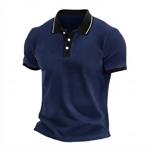 Camiseta de Golf Casual Personalizada para Hombre, Azul Marino, Manga Corta, 100% Poliéster, Antiarrugas, Cuello y Puños Negros, Estilo Smart Casual - Product Image 1