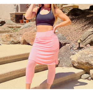 Jupe décontractée modeste pour femme, taille haute, couleur rose unie, mini-jupe trapèze avec poches, respirante, en nylon tricoté, style sportif, toutes saisons - Product Image 5