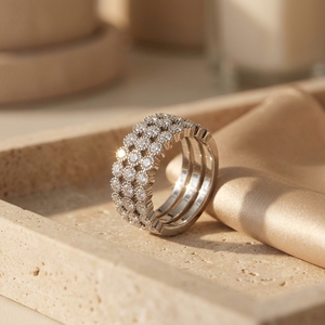 <b>Top</b> Selling demanded Wide Triple Row Statement Band Ring Bezel Set Round Cut Lab Grown Diamond Milgrain Accents Engagement Ring - Product Image 3