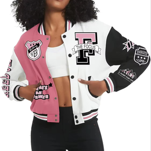 เสื้อแจ็คเก็ตเบสบอลแขนยาวปักลายสำหรับผู้หญิง ขายส่งแบบ OEM  ทรงครอป  ดีไซน์ล่าสุด  แบบ Letterman  ปักอักษร  แบบเรียบ  รับสั่งทำได้ - Product Image 1