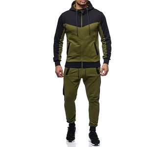 Men's Olive Green Color Block Hooded <b>Tracksuit</b> Full Zip Sweatshirt And Pants Set Casual Sport Wear Autumn Outfit - Product Image 1