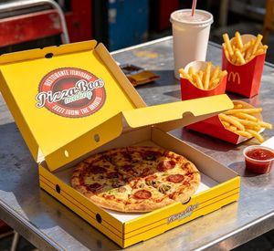 Boîte à pizza jaune Pizza-Bao avec logo imprimé quadricolore pour l'emballage alimentaire - Product Image 1