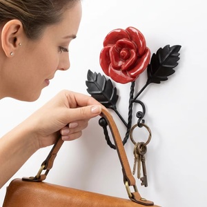 Vintage Metal Rose Flower Wall <b>Hook</b> With <b>Black</b> Leaves And Twisted Stem For Clothing Storage - Product Image 4