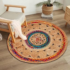 Alfombra Redonda de Yute con Patrón de Mandala Colorido, Ecológica, con Detalles Trenzados de Arcoíris, para Decoración Bohemia, Festiva o Rústica - Product Image 1