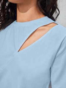Camiseta de punto azul claro para mujer con aberturas, manga corta, corte holgado minimalista, top de algodón transpirable para primavera/verano - Product Image 5