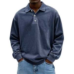 Polo vintage de haute qualité à manches longues, chemises polo à manches longues en coton délavé à l'acide, style rétro pour hommes - Product Image 1
