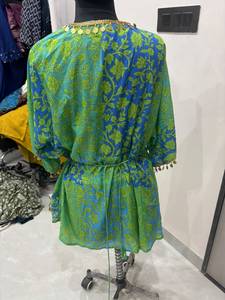 Wholesale Green Color Floral Print V Neck Kimono Half Sleeve Gold Coin Lace Trim <b>Wrap</b> Waist Holiday Premium Women's <b>Beach</b> Wear - Product Image 5