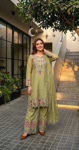 Salwar Kameez Tradicional para Mujer, Color Verde Claro y Rosa, Bordado, Largo hasta el Tobillo, Algodón, Ropa Casual, Vestido Étnico de India y Pakistán - Product Image 2